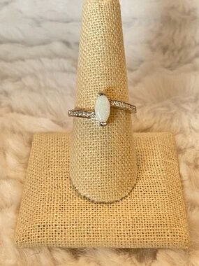 Sterling Silver White Opal Marquise Ring CZ Accents Size 9 Dainty Stackable